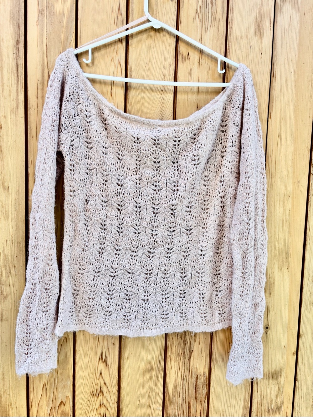 American Eagle Pink Open Knit Off The Shoulder Sweater XL Pointelle Distressed